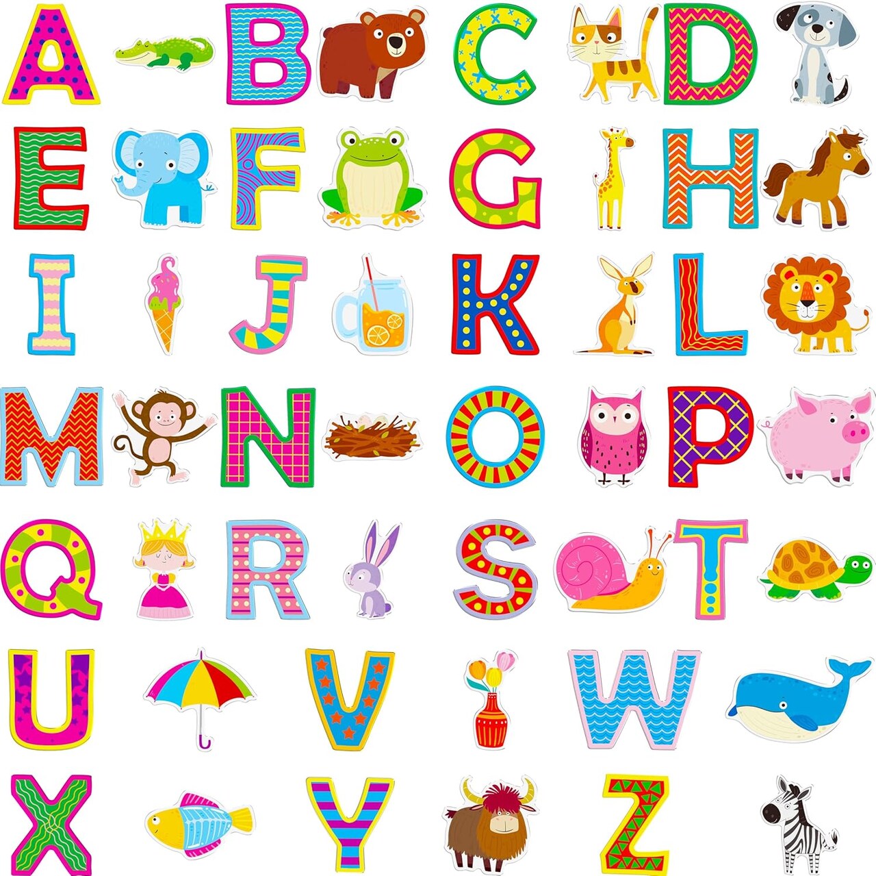 52PCS Alphabet & Animal Jelly Stickers, Thick Window Door Cling Decals